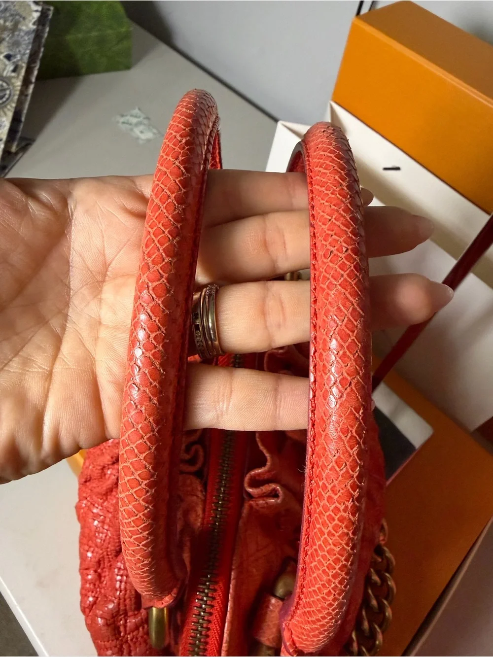 Marc Jacobs Embossed Python Leather Satchel – Coral Red